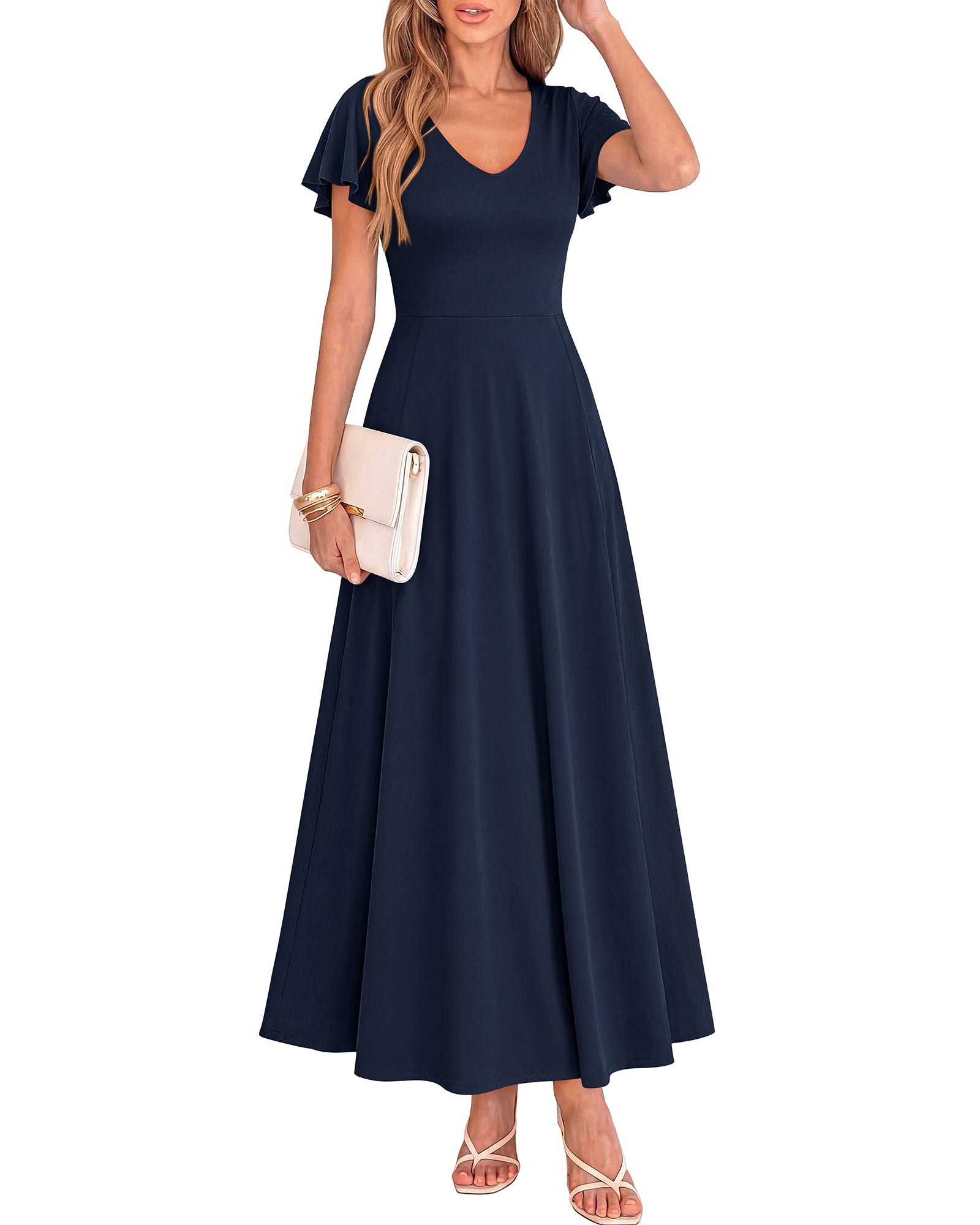 BTFBM Formal Dresses for Women Summer Outfits V Neck Ruffle Sleeve A Line Maxi Elegant Cocktail Wedding Guest Dress 2026