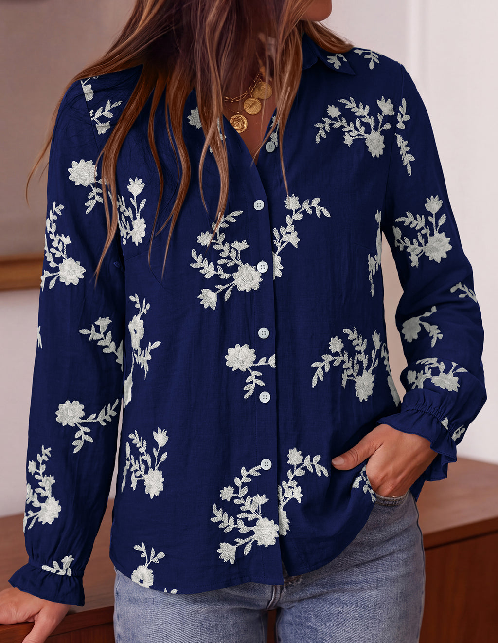 BTFBM Boho Floral Embroidered Long Sleeve Blouses for Women Dressy Casual