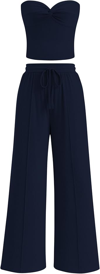 BTFBM Two Piece Sets For Women Summer Ribbed Strapless Twist Knot Tube Top Pants Set Casual 2026 Beach Vacation Outfits