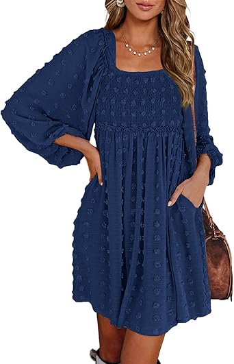 BTFBM Womens Long Sleeve Dress Vacation Square Neck Smocked Floral Swiss Dot Mini Boho Spring Wedding Guest Dresses 2026