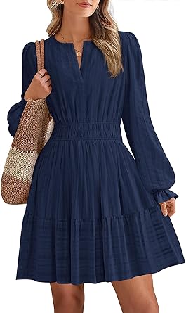 BTFBM Mini Dresses for Women 2025 Casual Lightweight Long Sleeve V Neck A Line Elastic Waist Party Holiday Dress