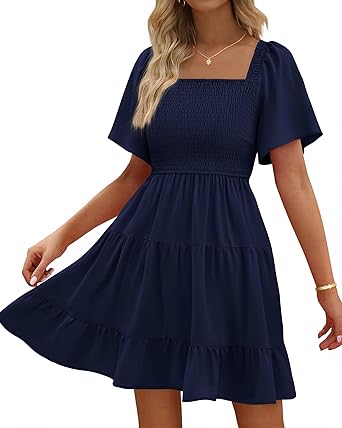 BTFBM Womens Summer Smocked Mini Dress Spring Square Neck Flutter Sleeve Casual Ruffle Swing Boho Beach Dresses Pockets