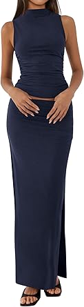 BTFBM Womens Two Piece Outfits Summer Lightweight 2026 Mock Neck Sleeveless Knit Tops Maxi Skirt Set Going Out Dress