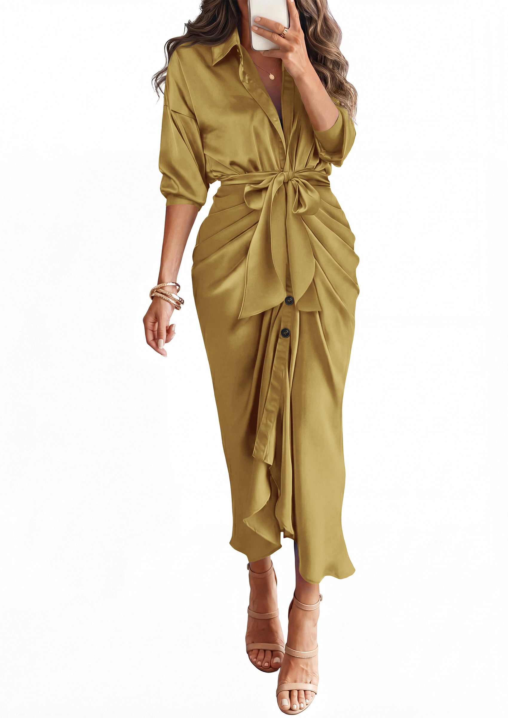 BTFBM Summer Dresses for Women 2026 Long Sleeve V Neck Button Down Elegant Belted Ruched Satin Silk Shirt Fall Dress