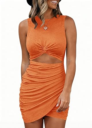 BTFBM Women 2026 Summer Dresses Sleeveless Casual Crewneck Bodycon Cutout Twist Slim Wrap Club Party Beach Mini Dress