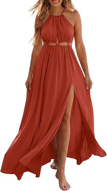 BTFBM Women Halter Summer Dresses 2026 Sleeveless Cutout Backless Sundress Slit Boho Maxi Beach Wedding Guest Dress