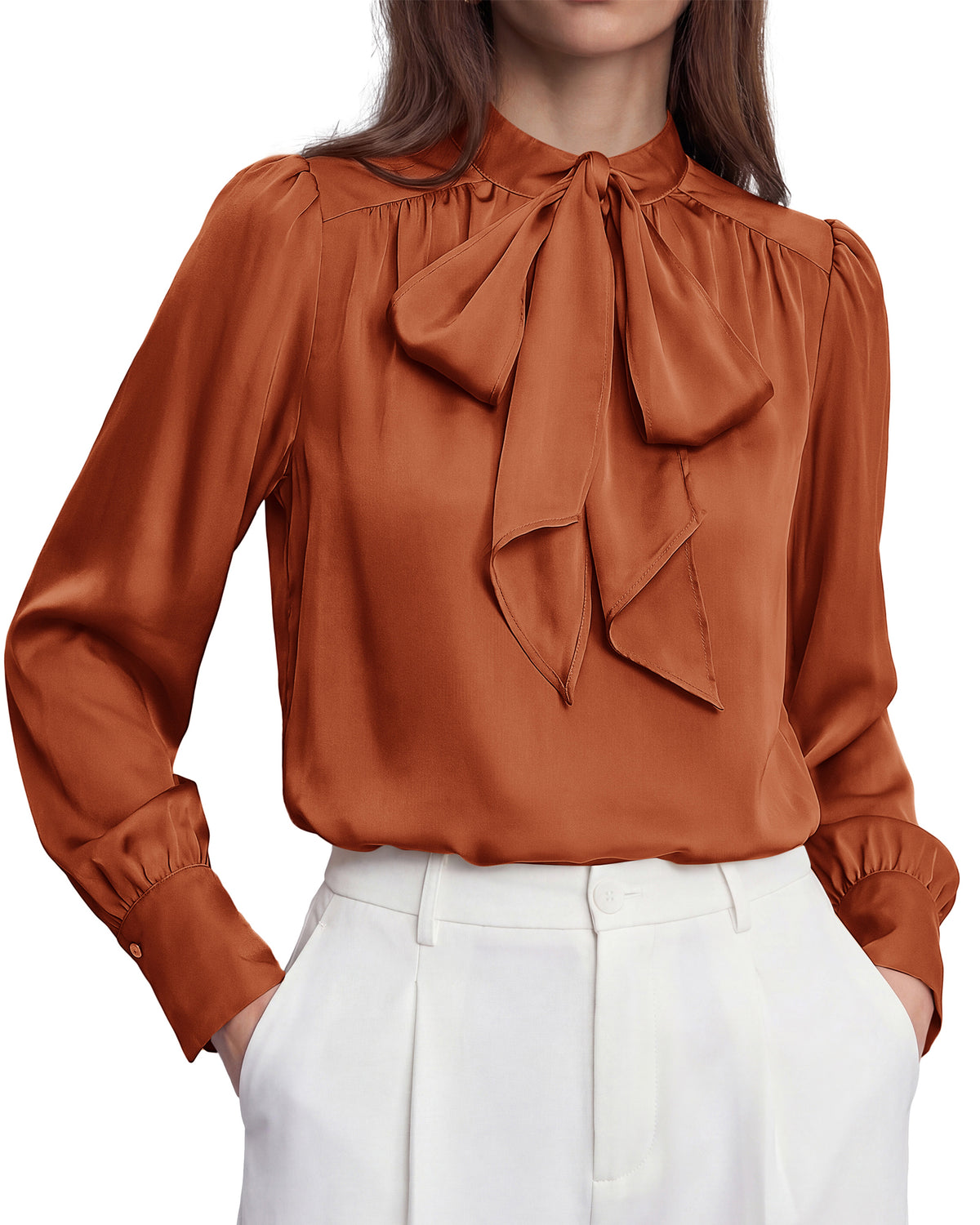 BTFBM Women Satin Blouses Bow Tie Work Business Casual Tops | Ruched Button Cuff Long Sleeve Top, Dressy Silk Blouse, Elegant Daily Professional Office Clothes, Early Fall Fashion 2026