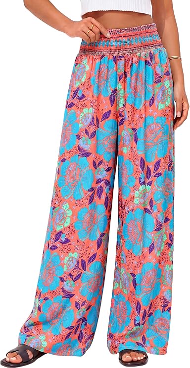 BTFBM Floral Wide Leg Pants Woman Spring Summer 2026 Smocked Elastic Waist Long Pant Resort Wear Beach Vacation Outfits