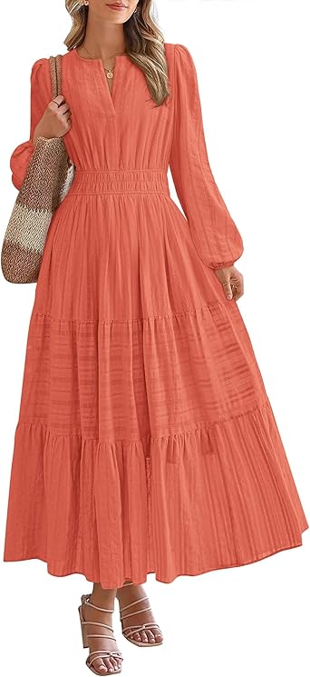 BTFBM Fall Dresses for Women 2025 Casual Long Sleeve V Neck Elastic Waist Lightweight Maxi Wedding Guest Dress Pockets