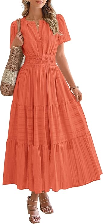 BTFBM Womens Summer 2025 Casual Midi Maxi Dresses Lightweight Short Sleeve V Neck Elastic Waist Boho Beach Dress Pockets