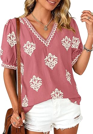 BTFBM Casual Summer Shirts for Women Beach Fashion Going Out Tops Vacation Short Sleeve Floral Boho Blouses Tunics