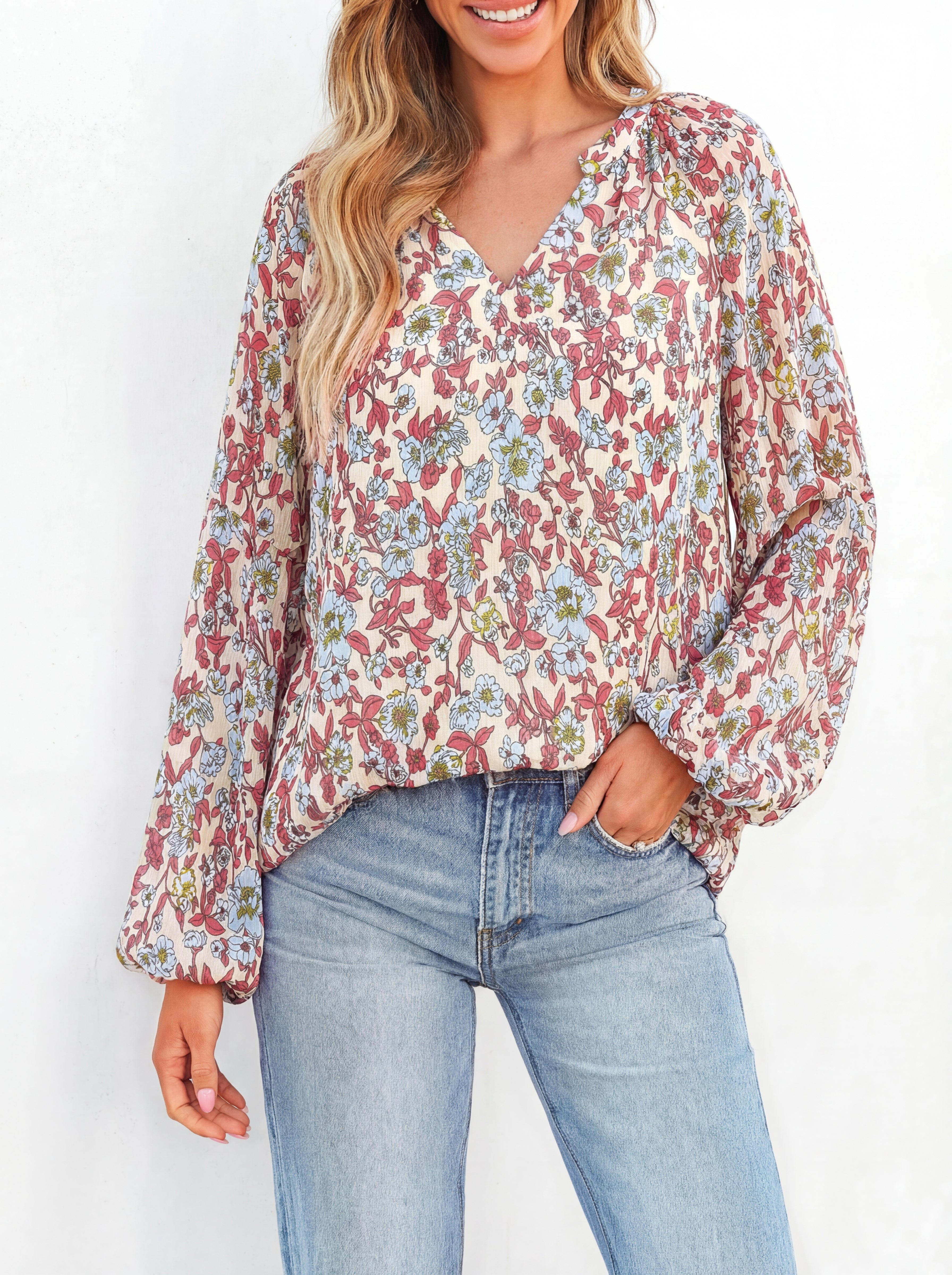 BTFBM Blouses for Women Dressy Casual Floral Summer Boho Tops V Neck Lightweight Long Sleeve Shirts Spring Clothes 2026