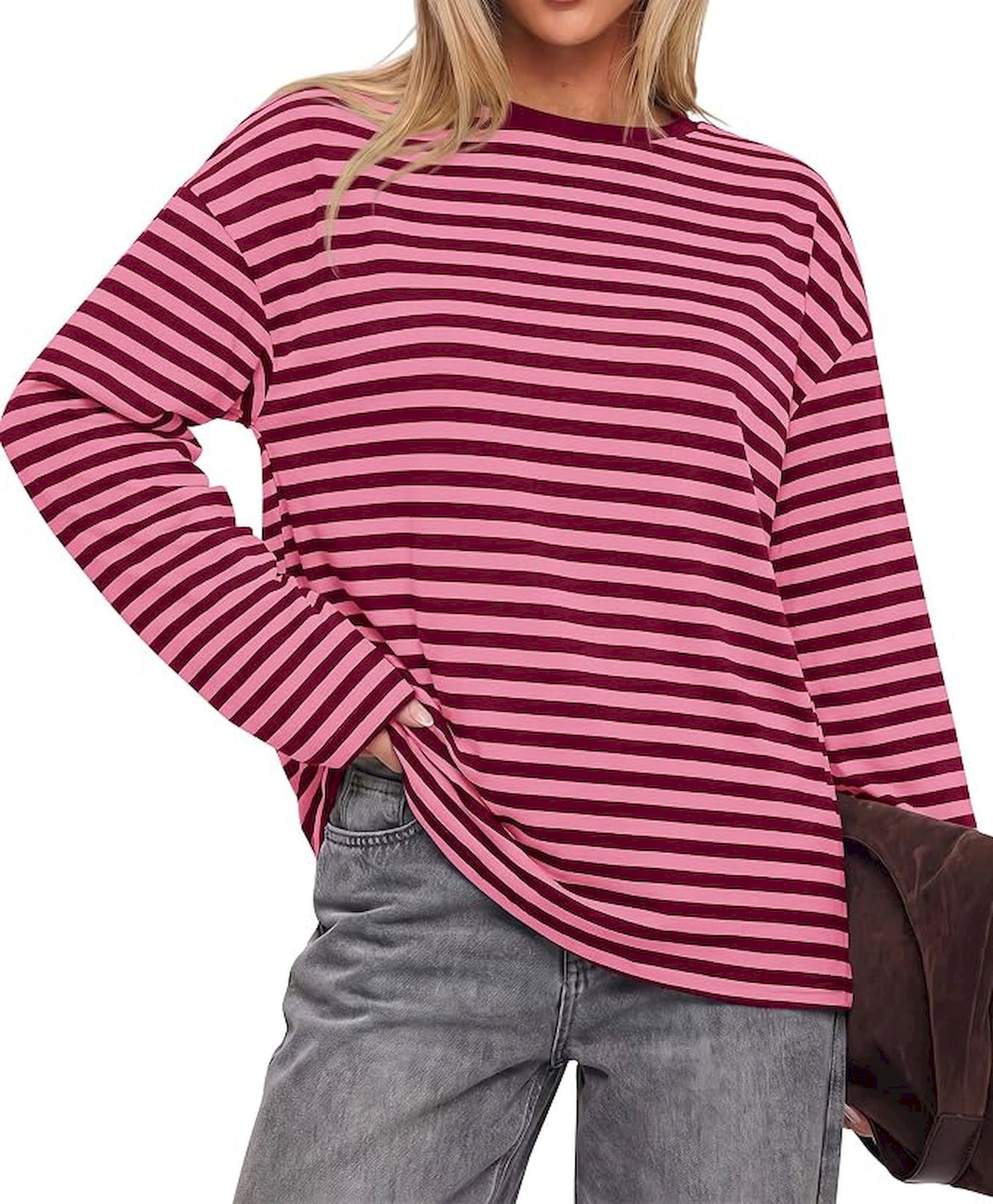 BTFBM Womens Long Sleeve Tops 2026 Fall Fashion | Lightweight, Crew Neck, Oversized Striped Shirt Women, Y2k Clothes, Vacation Travel Outfits, Going Out Top, Winter Layering