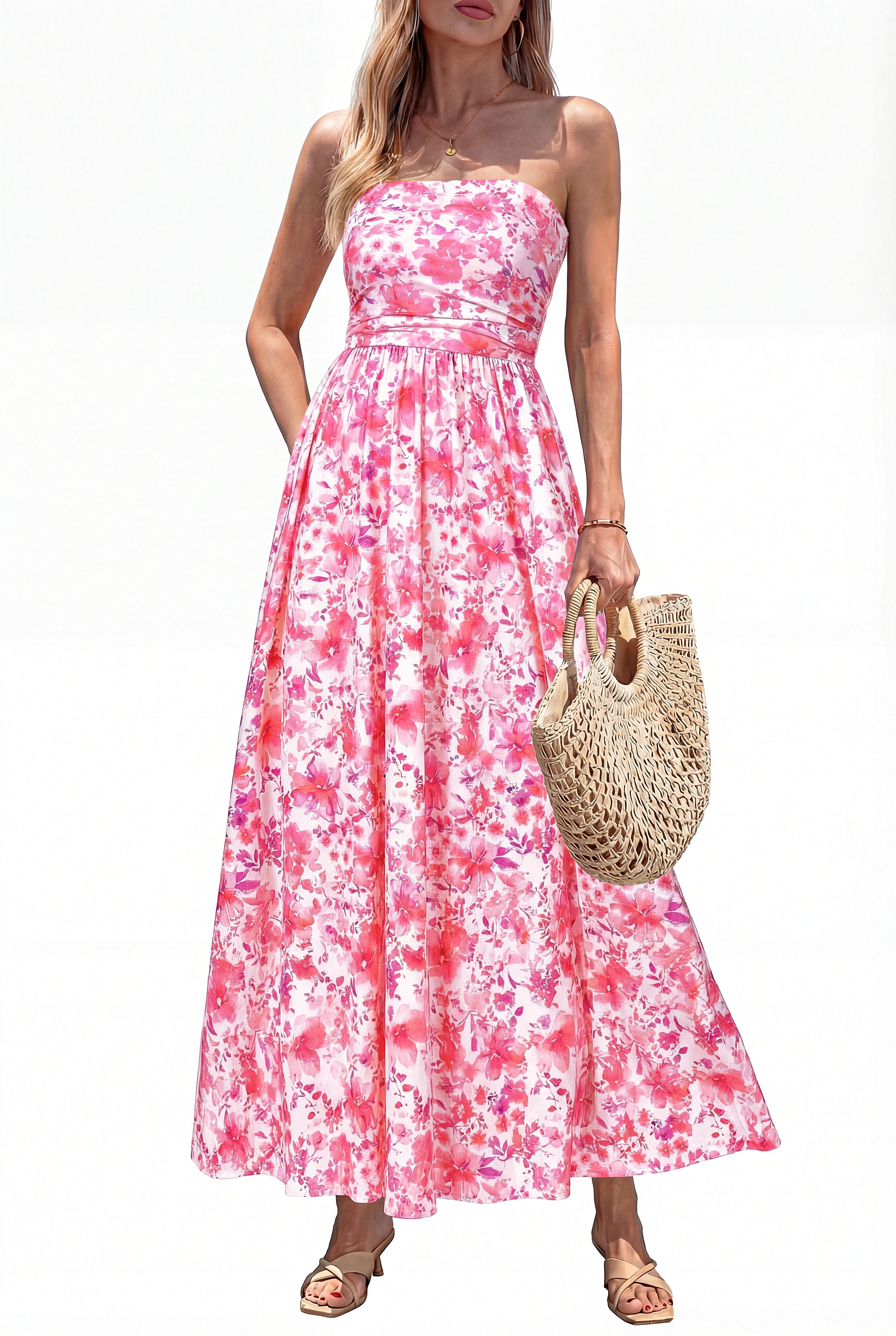 BTFBM Womens Summer Dresses 2026 Strapless Tube Top Elastic Waist Floral Beach Vacation Outfits Boho Maxi Dress Pockets