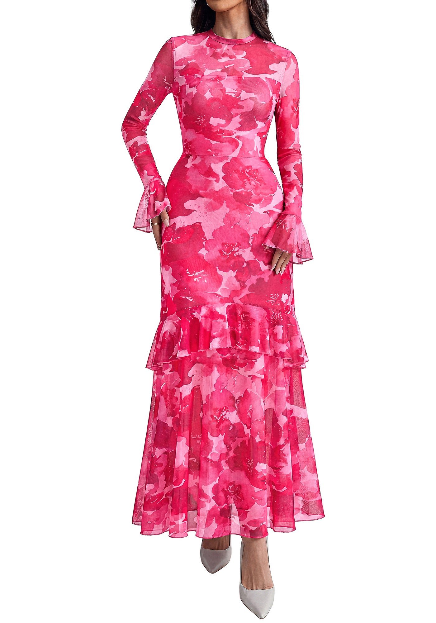BTFBM Elegant Wedding Guest Dress Floral Long Sleeve Tiered Ruffle Maxi Dresses for Women Cocktail Prom Fall Clothes