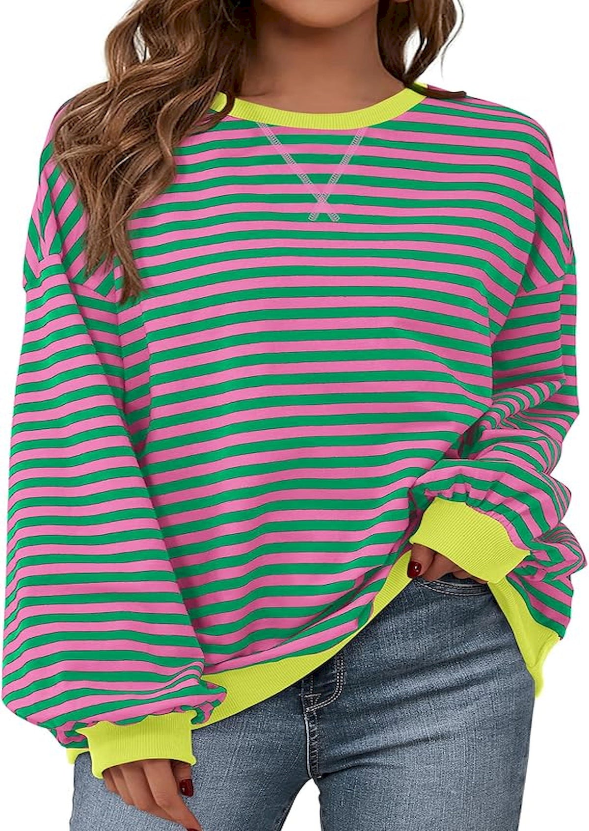 BTFBM Sweatshirt For Women 2026 Summer Crewneck Long Sleeve Oversized Striped Pullover Tops Y2K Clothes Workout Shirt