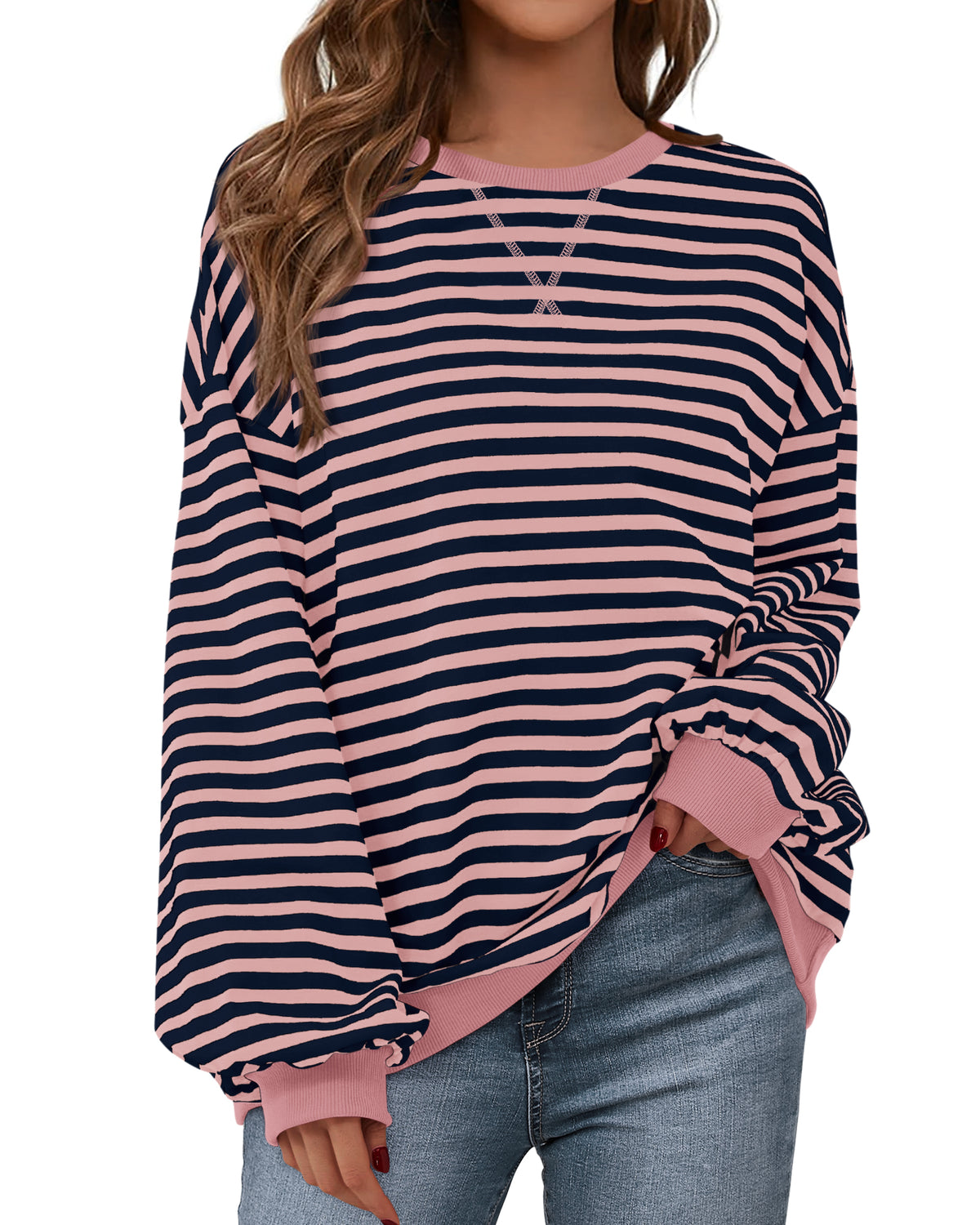 BTFBM Sweatshirt For Women 2026 Summer Crewneck Long Sleeve Oversized Striped Pullover Tops Y2K Clothes Workout Shirt