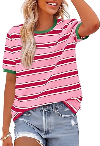 BTFBM Summer Tops for Women 2025 Crewneck Short Sleeve Striped T Shirts Casual Spring Clothes Color Block Basic Tee Blouses