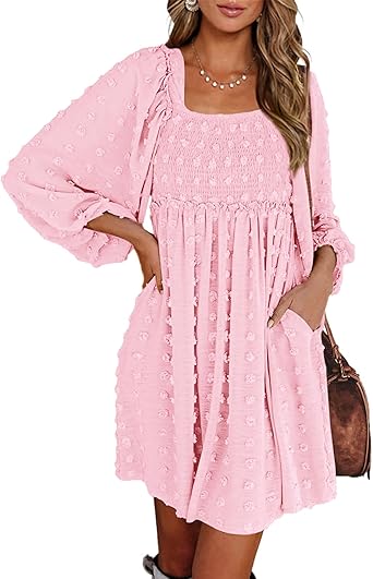 BTFBM Womens Long Sleeve Dress Vacation Square Neck Smocked Floral Swiss Dot Mini Boho Spring Wedding Guest Dresses 2026