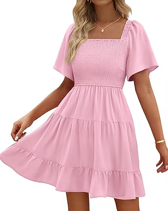 BTFBM Womens Summer Smocked Mini Dress Spring Square Neck Flutter Sleeve Casual Ruffle Swing Boho Beach Dresses Pockets