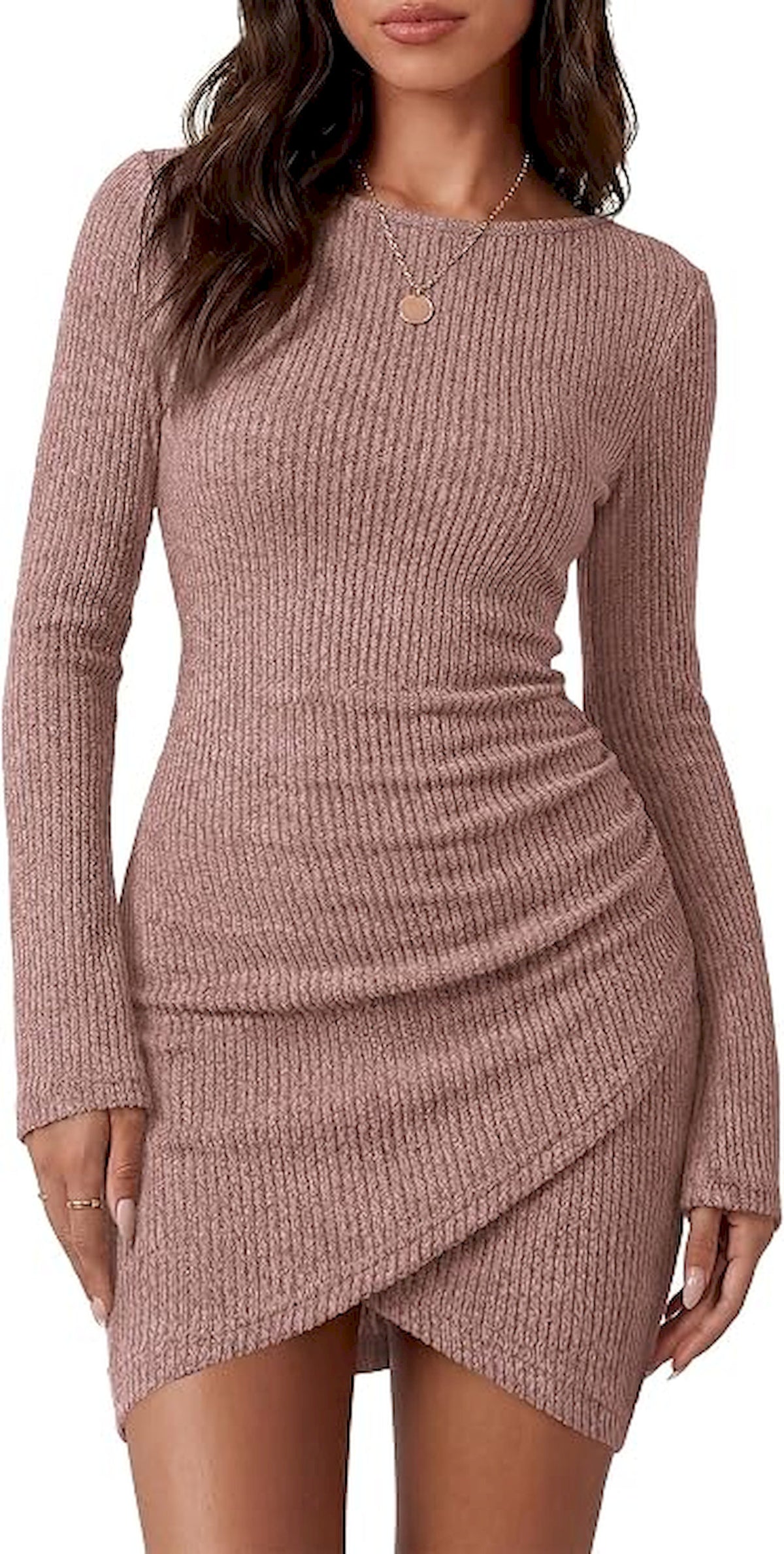 BTFBM Womens Long Sleeve Bodycon Mini Dress | Ruched,Ribbed,Crew Neck,Homecoming Cocktail Dresses,Fall Winter Clothing 2026