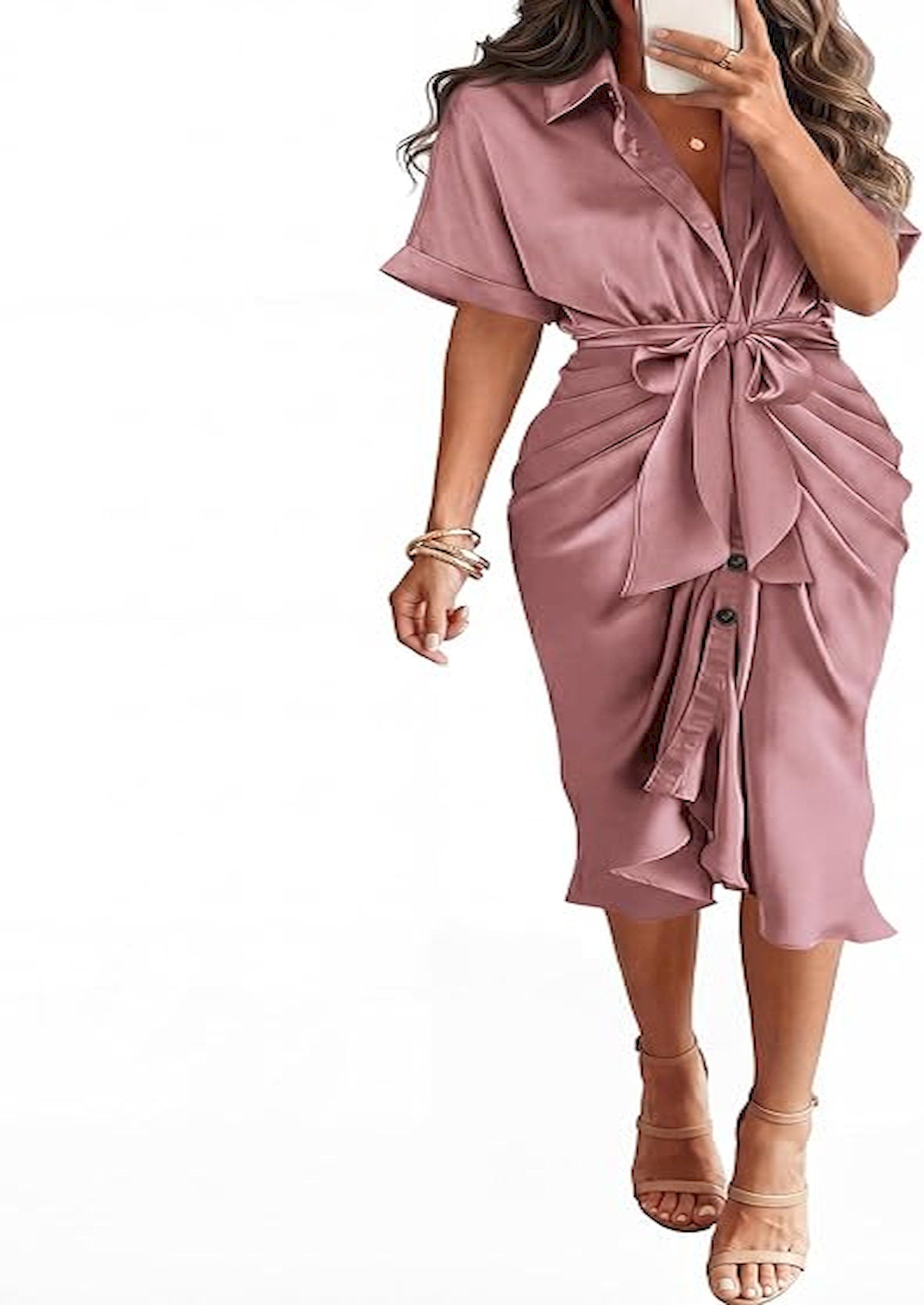 BTFBM Dresses for Women Summer Button Short Sleeve Silk Satin Ruched Spring Maxi Dress 2026 Cocktail Party Wedding
