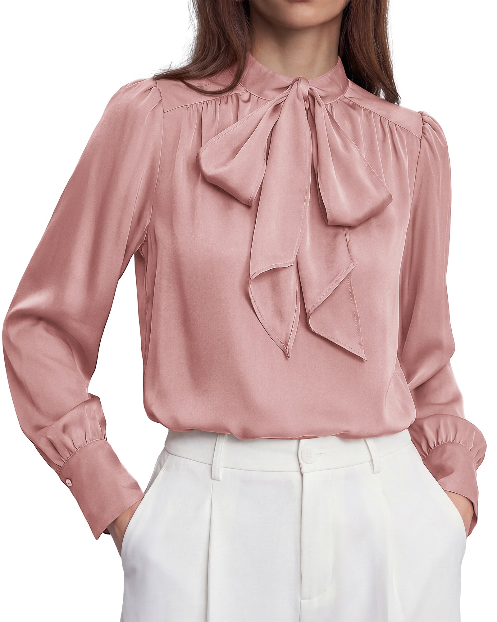 BTFBM Women Satin Blouses Bow Tie Work Business Casual Tops | Ruched Button Cuff Long Sleeve Top, Dressy Silk Blouse, Elegant Daily Professional Office Clothes, Early Fall Fashion 2026