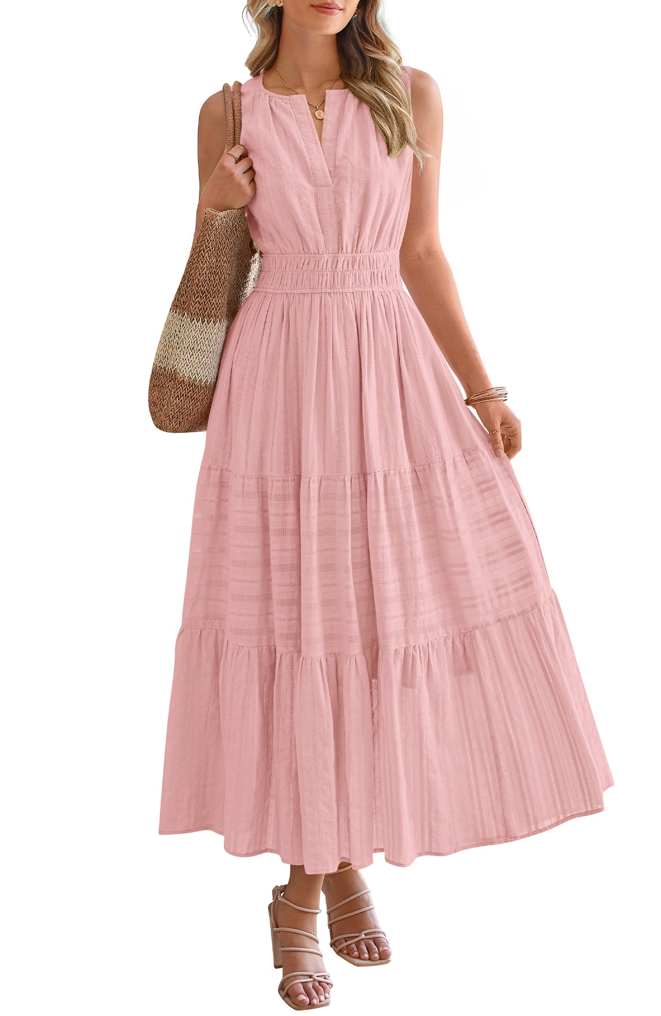 BTFBM Summer Dresses for Women 2026 Sleeveless Boho V Neck A Line Flowy Spring Casual Maxi Dress Beach Vacation Pockets