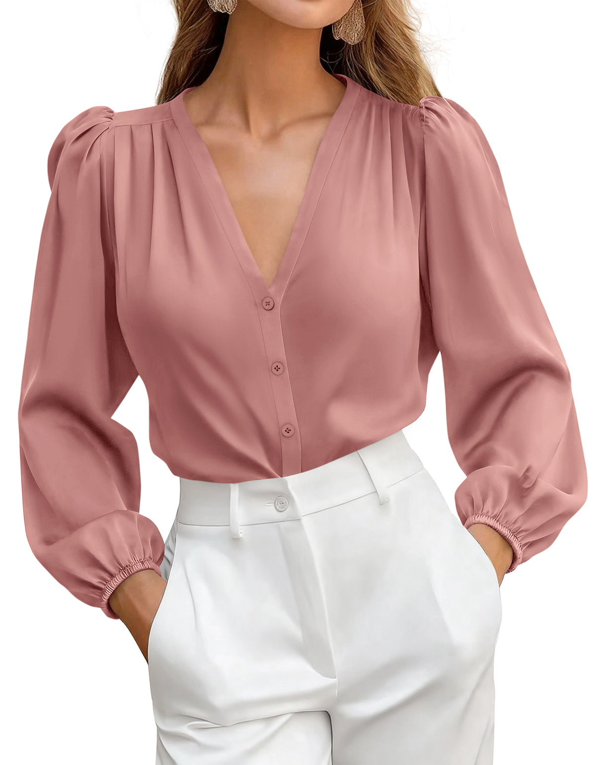 BTFBM Satin Blouses for Women Dressy Casual Button Down Shirts | Lightweight Silk Formal Tops, V Neck Lantern Long Sleeve Shirt, Office Work Business Casual Outfits, Fall Clothes 2026 Trendy