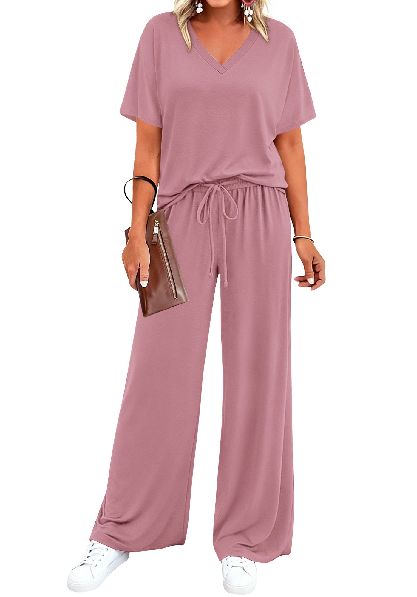 BTFBM 2 Piece Sets for Women Summer V Neck Short Sleeve Lounge Set Wide Leg Pants Matching Set Airport Travel Outfits