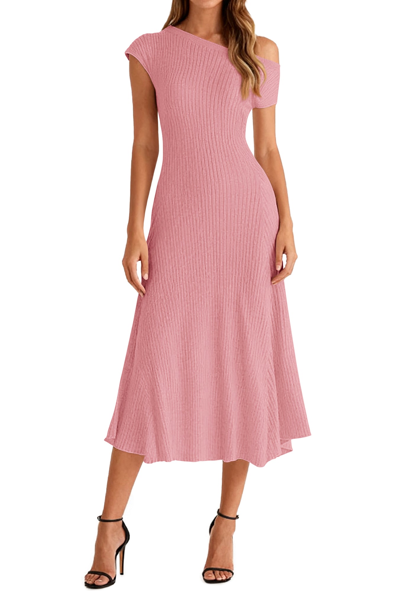 BTFBM Womens Spring Dresses 2026 Asymmetrical Neck Short Sleeve Pleated Swing Knit Midi Dress Business Casual