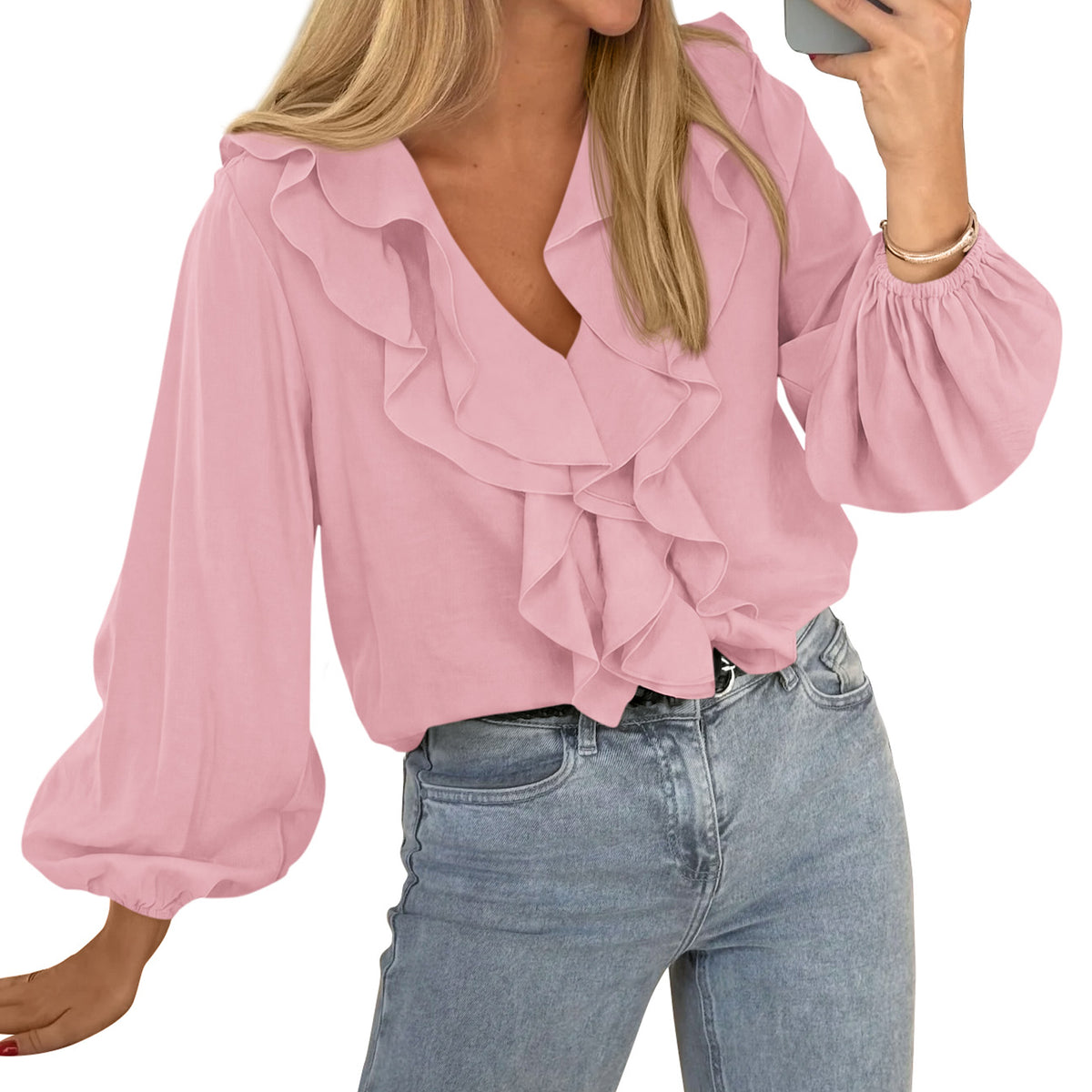 BTFBM Womens Fall Tops Ruffle Blouses Dressy Casual | Double Ruffled Collar V Neck Long Sleeve Shirts, Lightweight Fashion Clothing 2026 Trendy, Daily Business Office Work Clothes