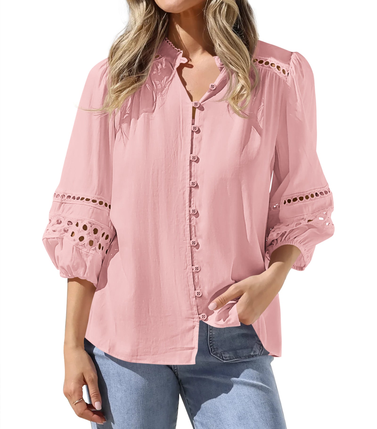 BTFBM 3/4 Length Sleeve Womens Tops Summer Blouses Eyelet Hollow Out Button Down Shirts Business Casual Outfits 2026