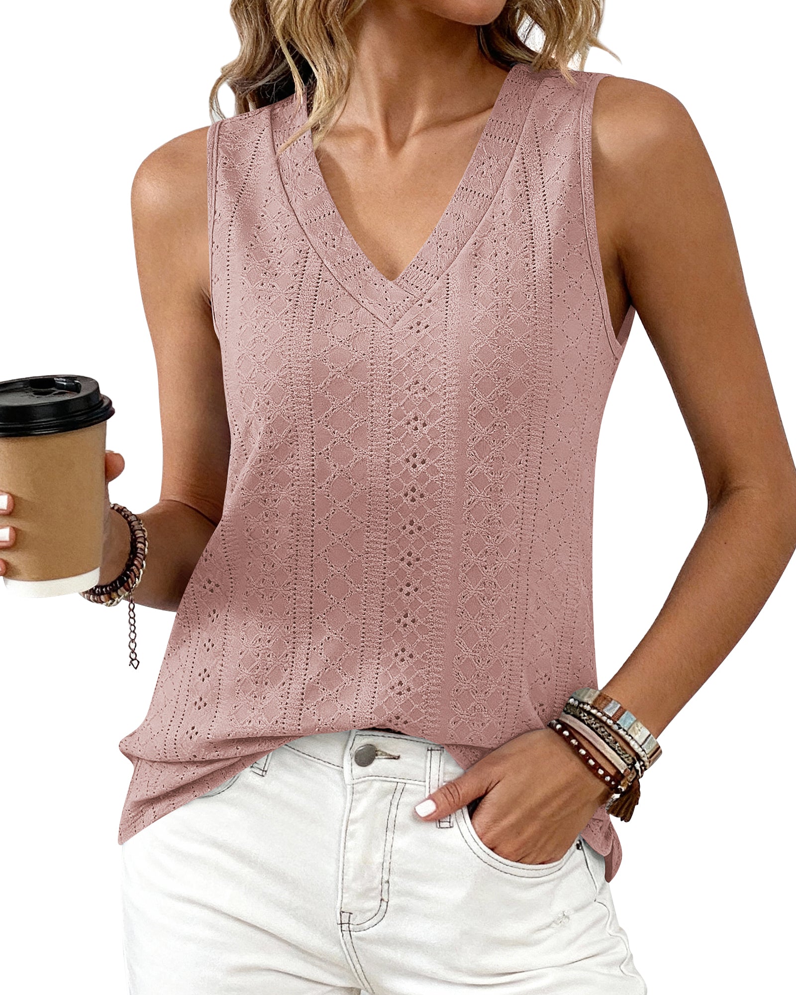 BTFBM Womens Tank Tops 2026 Summer Eyelet Crossed V Neck Sleeveless Casual Loose Fit Basic Spring Top Vacation Outfits