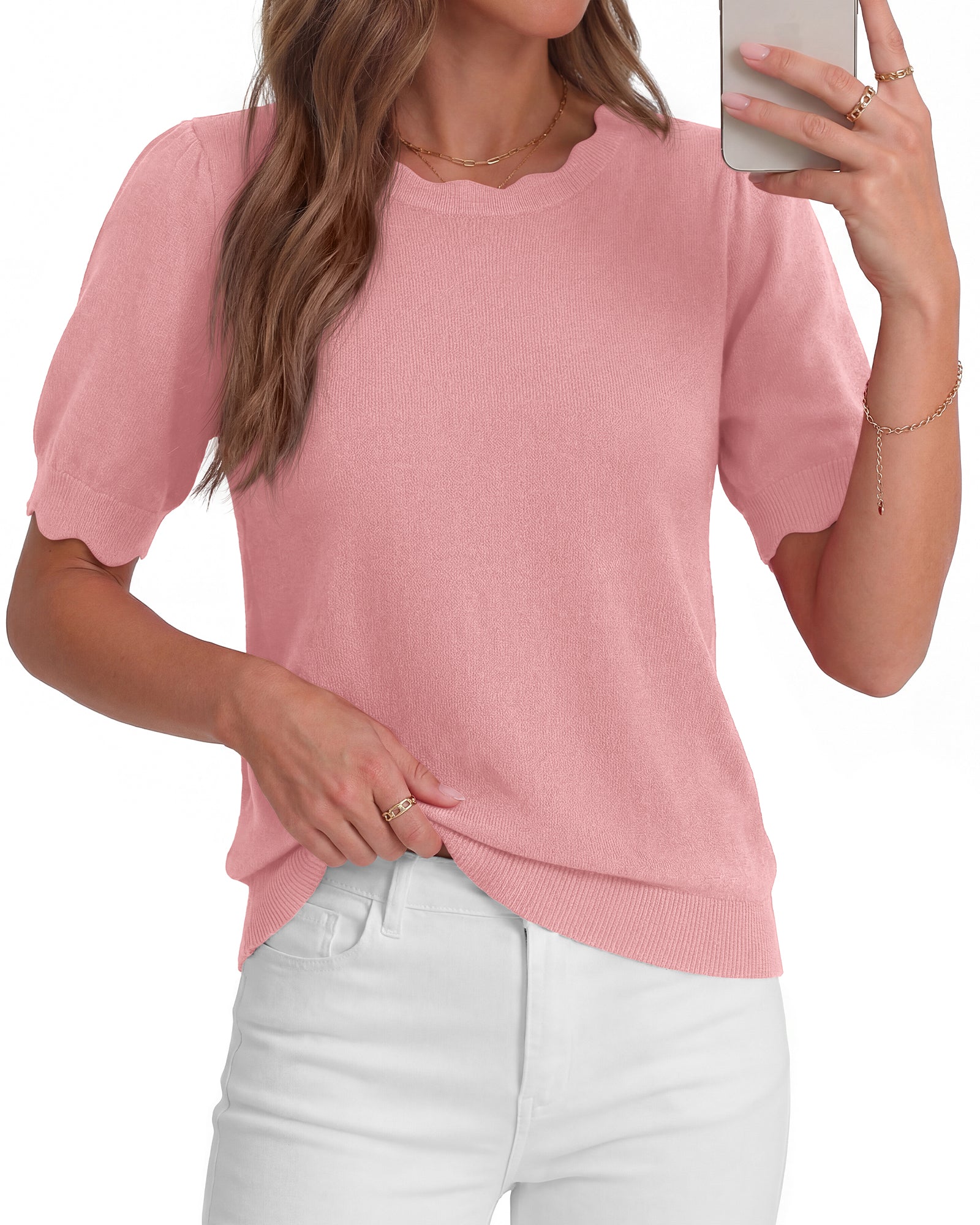 BTFBM Short Sleeve Sweater For Women 2026 Spring Summer Knit Basic Tops Lightweight Business Casual Vacation Outfits