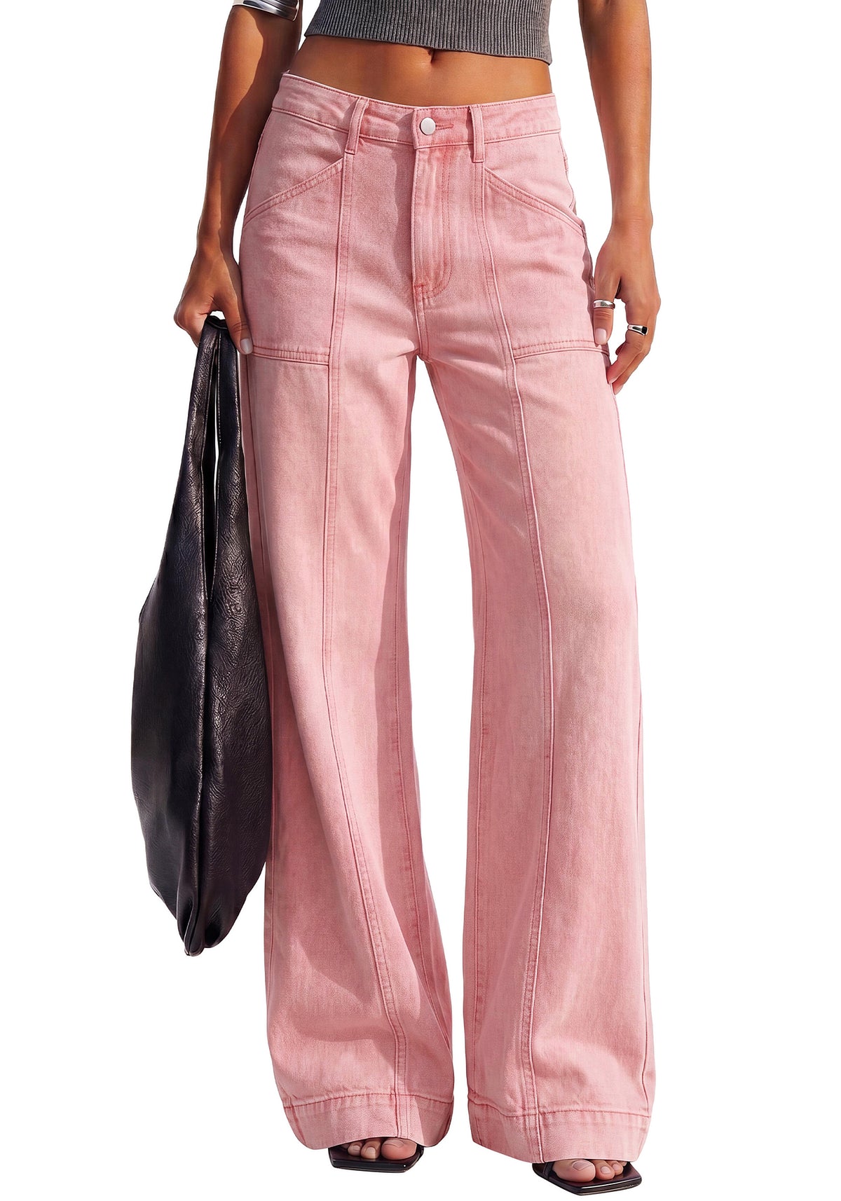 BTFBM Women's Wide Leg Jeans High Waisted Stretchy Straight Leg Baggy Jeans Trendy Front Seam Loose Denim Pants Pockets