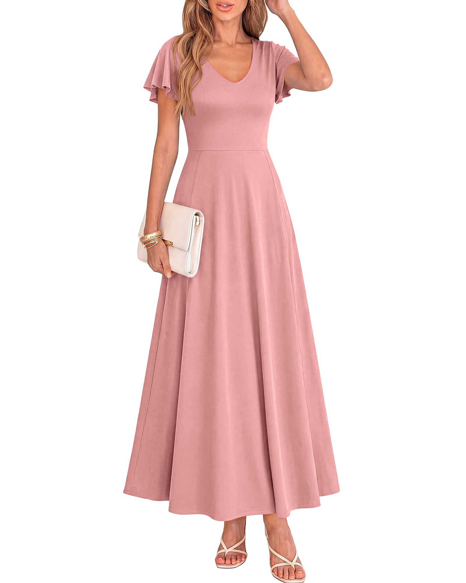 BTFBM Formal Dresses for Women Summer Outfits V Neck Ruffle Sleeve A Line Maxi Elegant Cocktail Wedding Guest Dress 2026