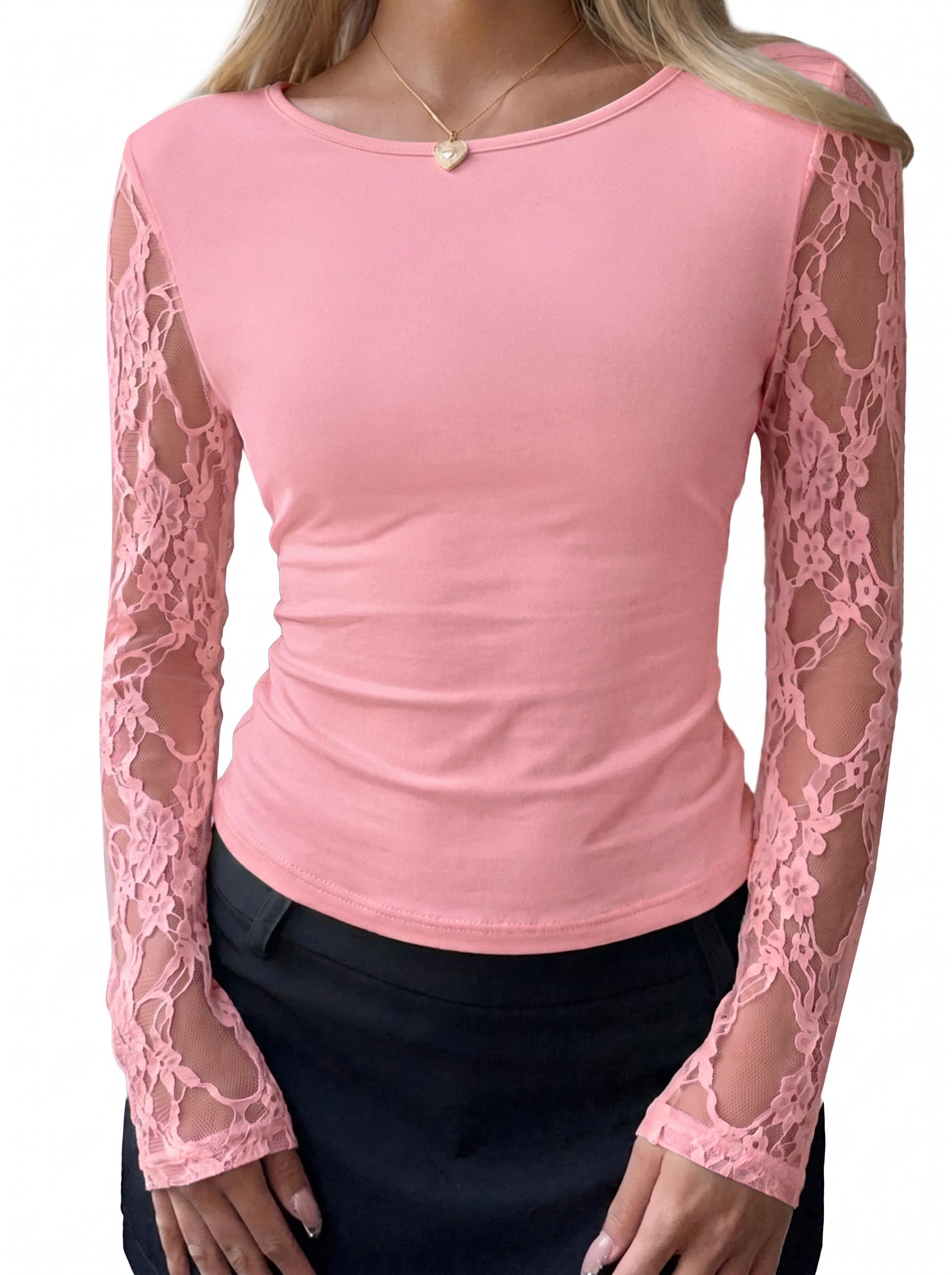 BTFBM Fall Tops for Women 2026 Sheer Lace Long Sleeve Top Slim Fit Blouses