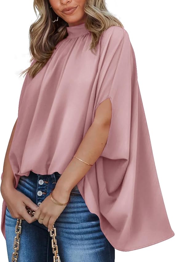 BTFBM Womens Summer Tops 2026 Mock Neck Batwing Sleeve Silk Satin Shirts Loose Oversized Dressy Casual Spring Blouses