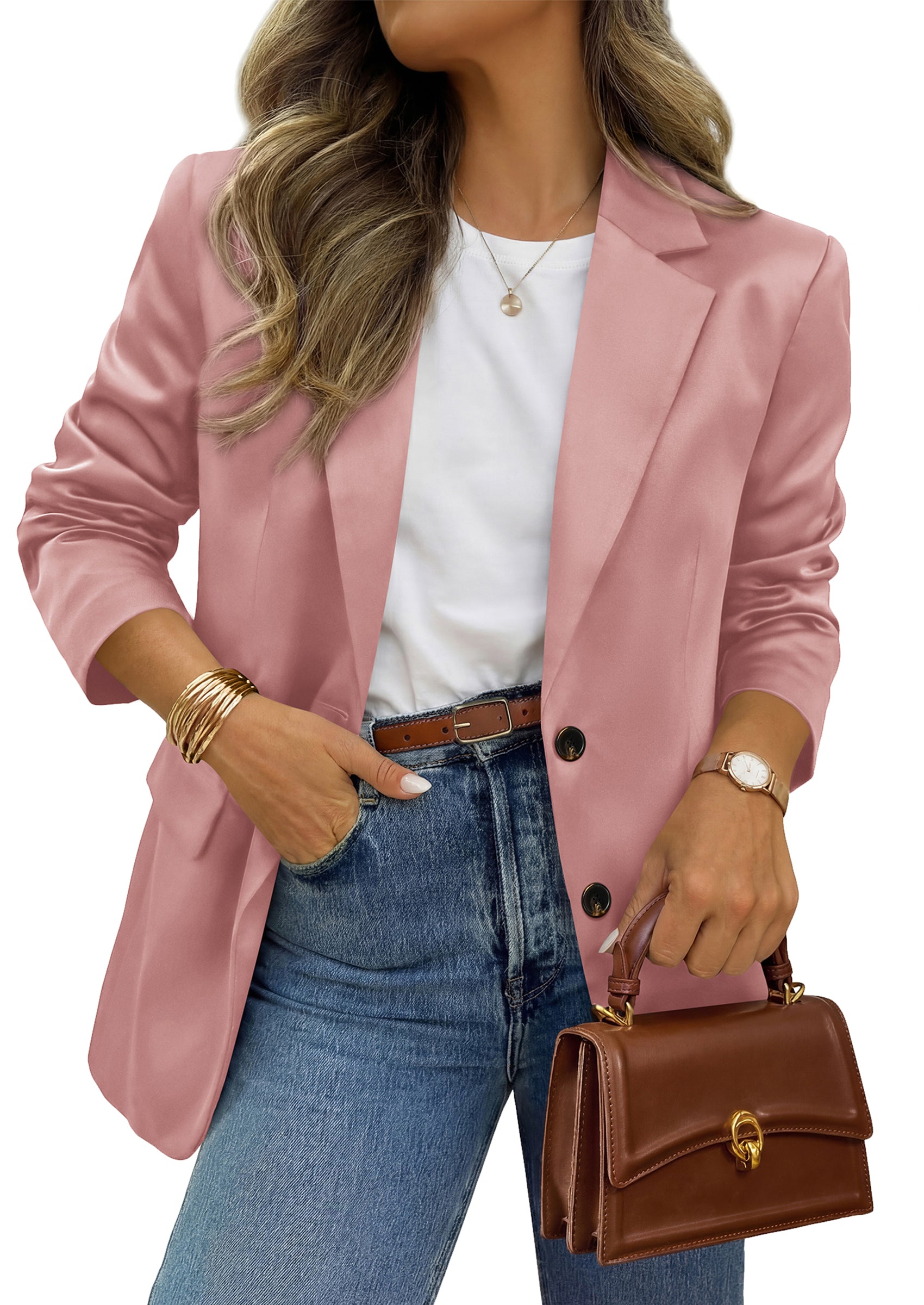 BTFBM Satin Long Sleeve Blazers for Women 2026 Work Office Suit Jackets with Pockets,Business Casual Outfits,Fall Winter