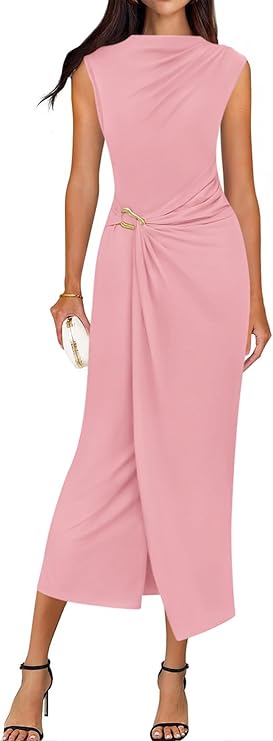 BTFBM Dresses for Women 2026 Summer Clothes Formal Bodycon Mock Neck Cap Sleeve Midi Party Cocktail Wedding Guest Dress