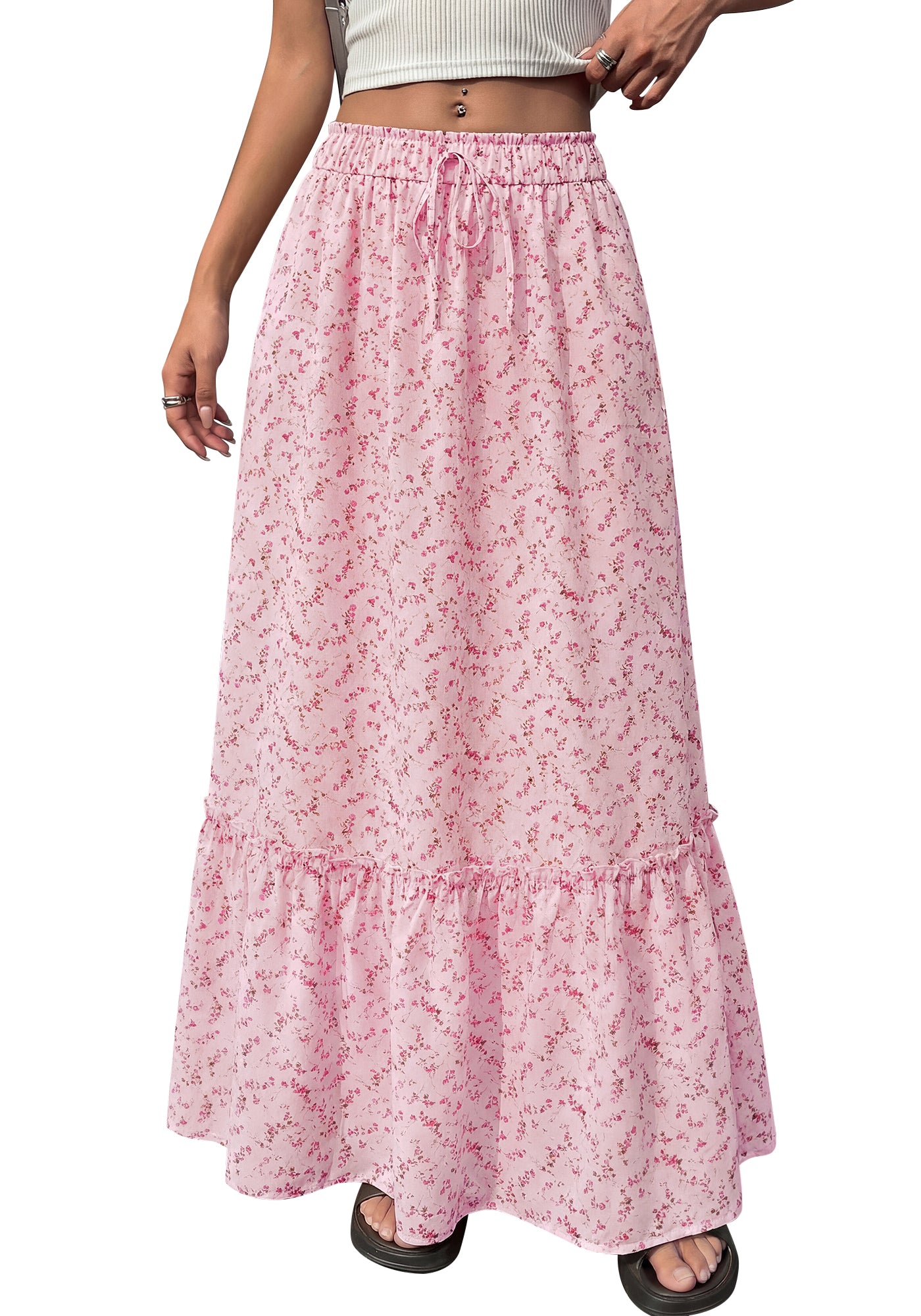 BTFBM Womens Boho Maxi Skirt 2026 Summer Floral High Waisted Flowy Tiered Long Spring Beach Vacation Skirts Pockets