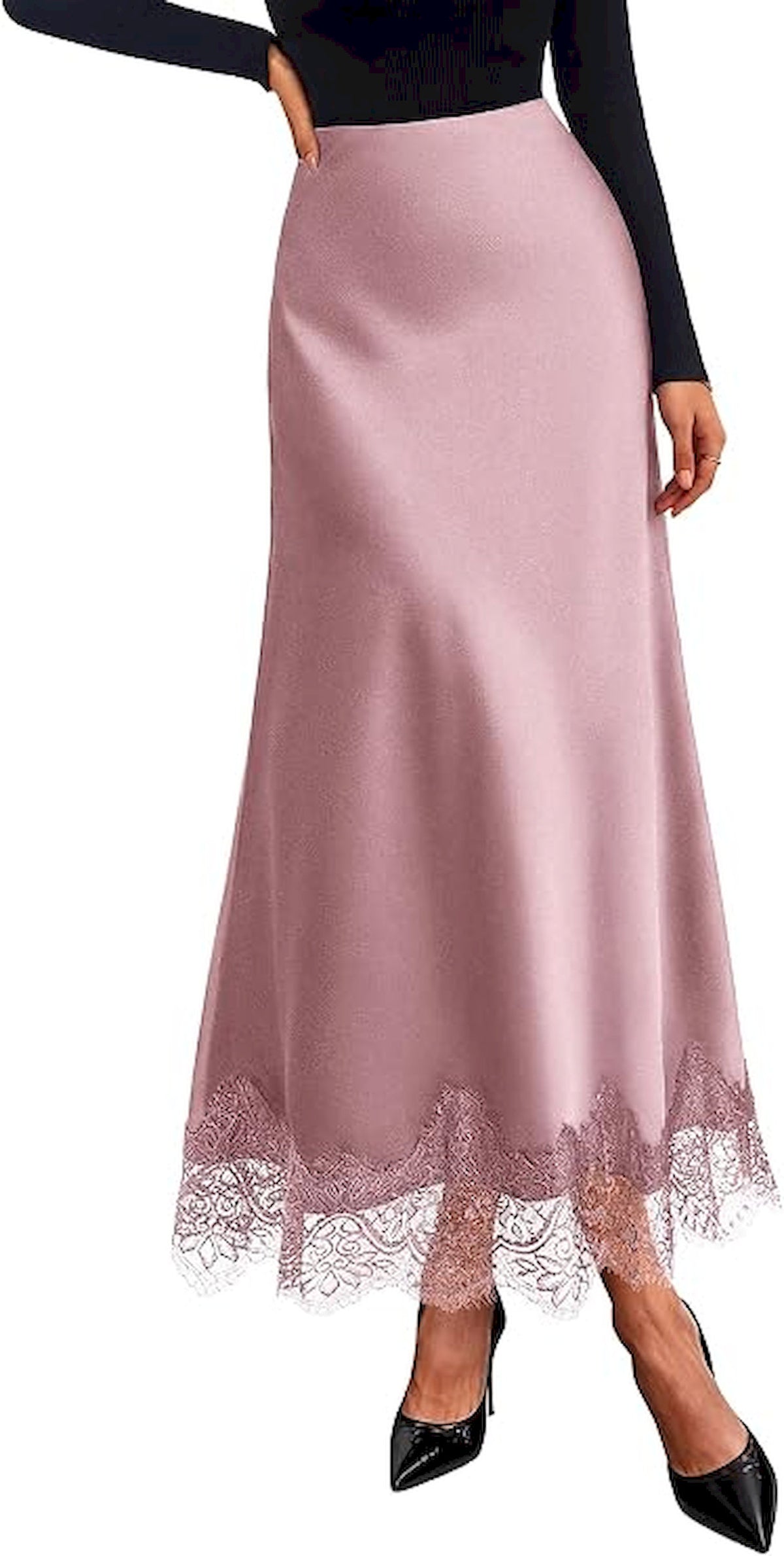 BTFBM Lace Trim Satin Skirts for Women Elegant | High Waisted,Maxi Skirt,Cocktail Party Wedding Guest,Summer Fall Outfits