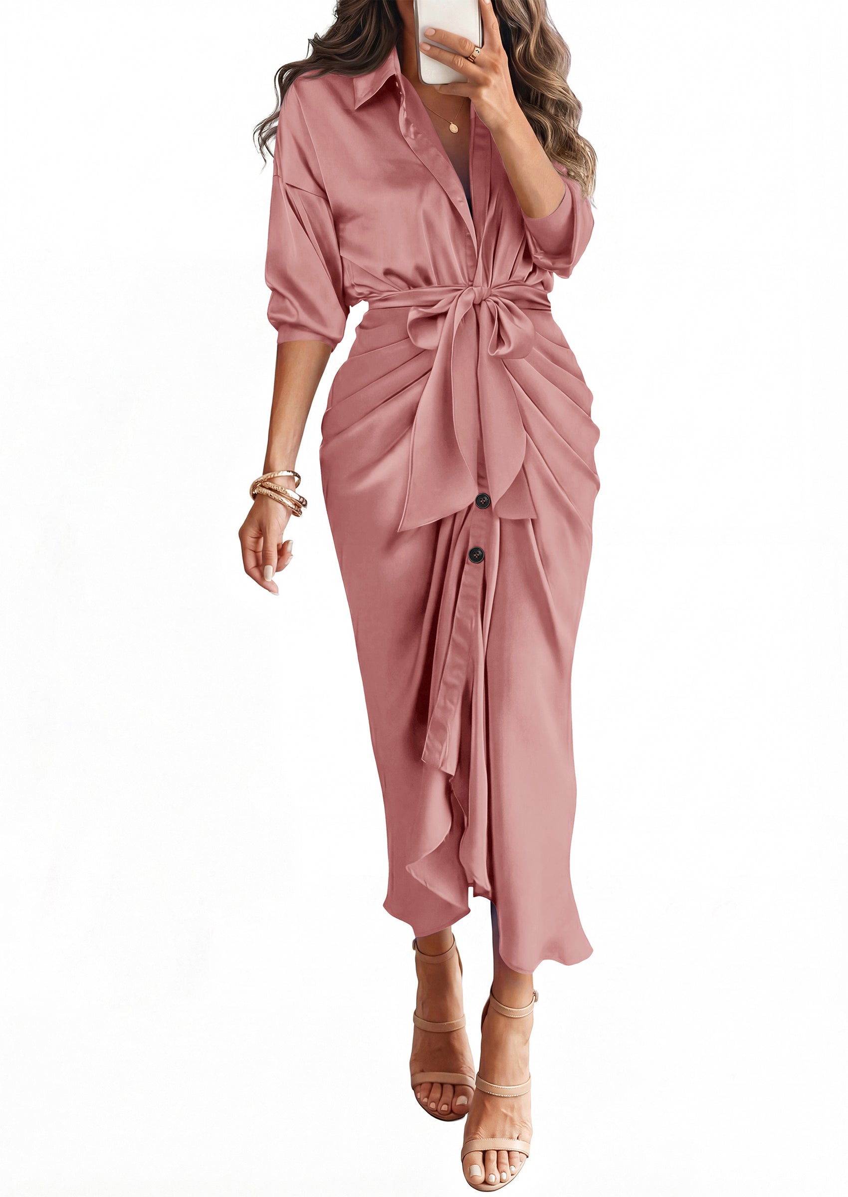 BTFBM Summer Dresses for Women 2026 Long Sleeve V Neck Button Down Elegant Belted Ruched Satin Silk Shirt Fall Dress