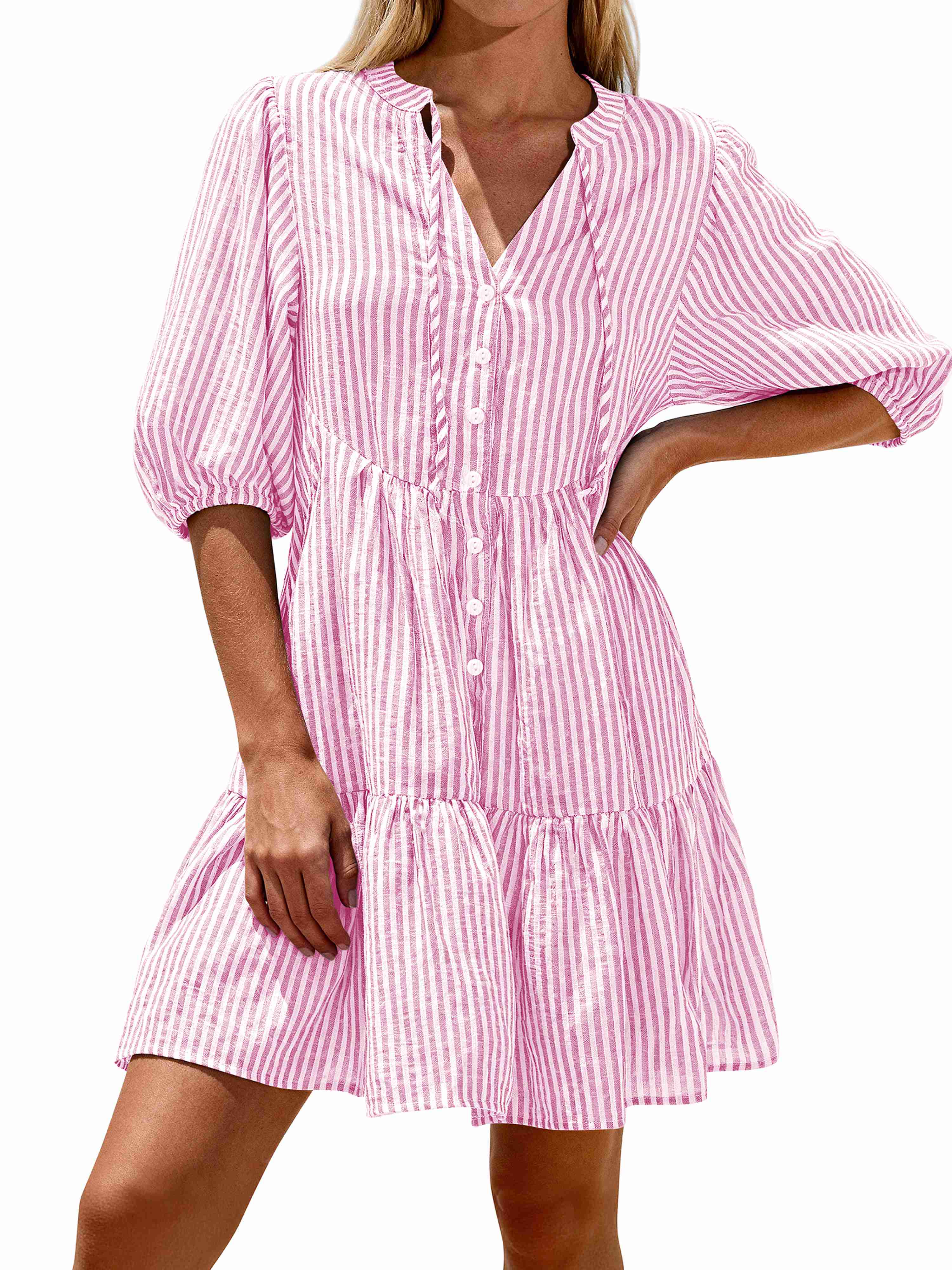 BTFBM Women Summer Dresses 2026 Striped Mini Dress Half Sleeve Button Down Tiered Flowy Beach Vacation Outfits Pockets