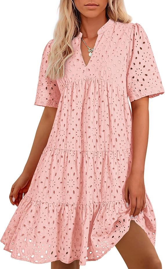 BTFBM Womens Boho Summer Dresses 2026 Spring V Neck Short Sleeve Hollow Out Lace Ruffle Casual Beach Mini Vacation Dress
