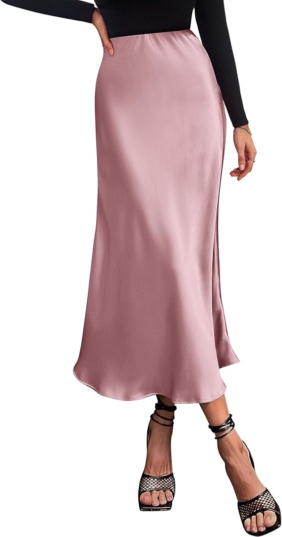 BTFBM 2026 Womens Spring Summer Long Satin Skirt Silk Elegant High Waist Cocktail Party Wedding Flowy A-Line Midi Skirts