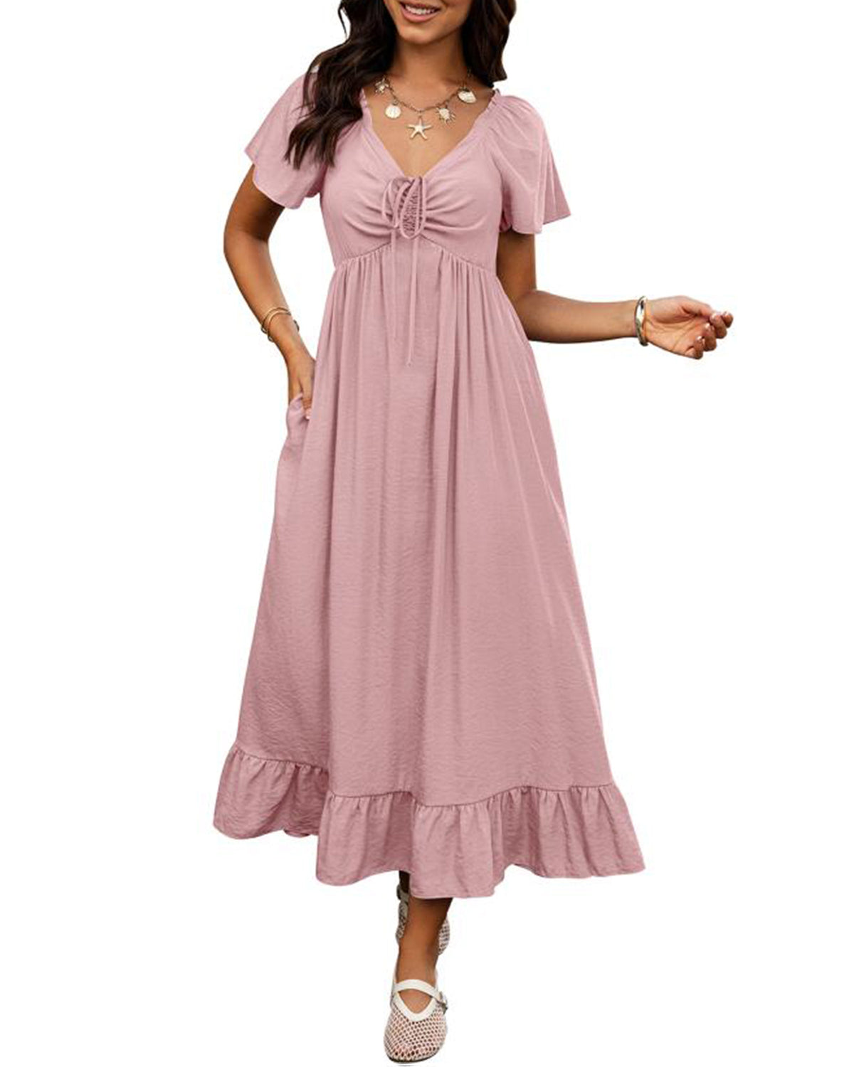 BTFBM Womens Summer Dresses 2026 Wedding Guest Maxi Dress  Short Sleeve, V Neck, Drawstring,A-Line,Loose Fit,Solid,Cocktail,Party,Boho Beach Long Dress,Prom,Beach Vacation Clothes