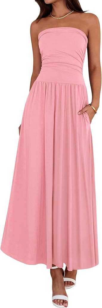 BTFBM Summer Maxi Dresses for Women 2026 Strapless Ruched Tube Top Beach Vacation Spring Wedding Guest Dress Pockets