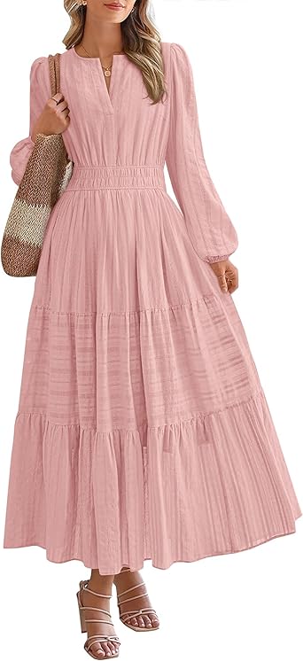 BTFBM Fall Dresses for Women 2025 Casual Long Sleeve V Neck Elastic Waist Lightweight Maxi Wedding Guest Dress Pockets